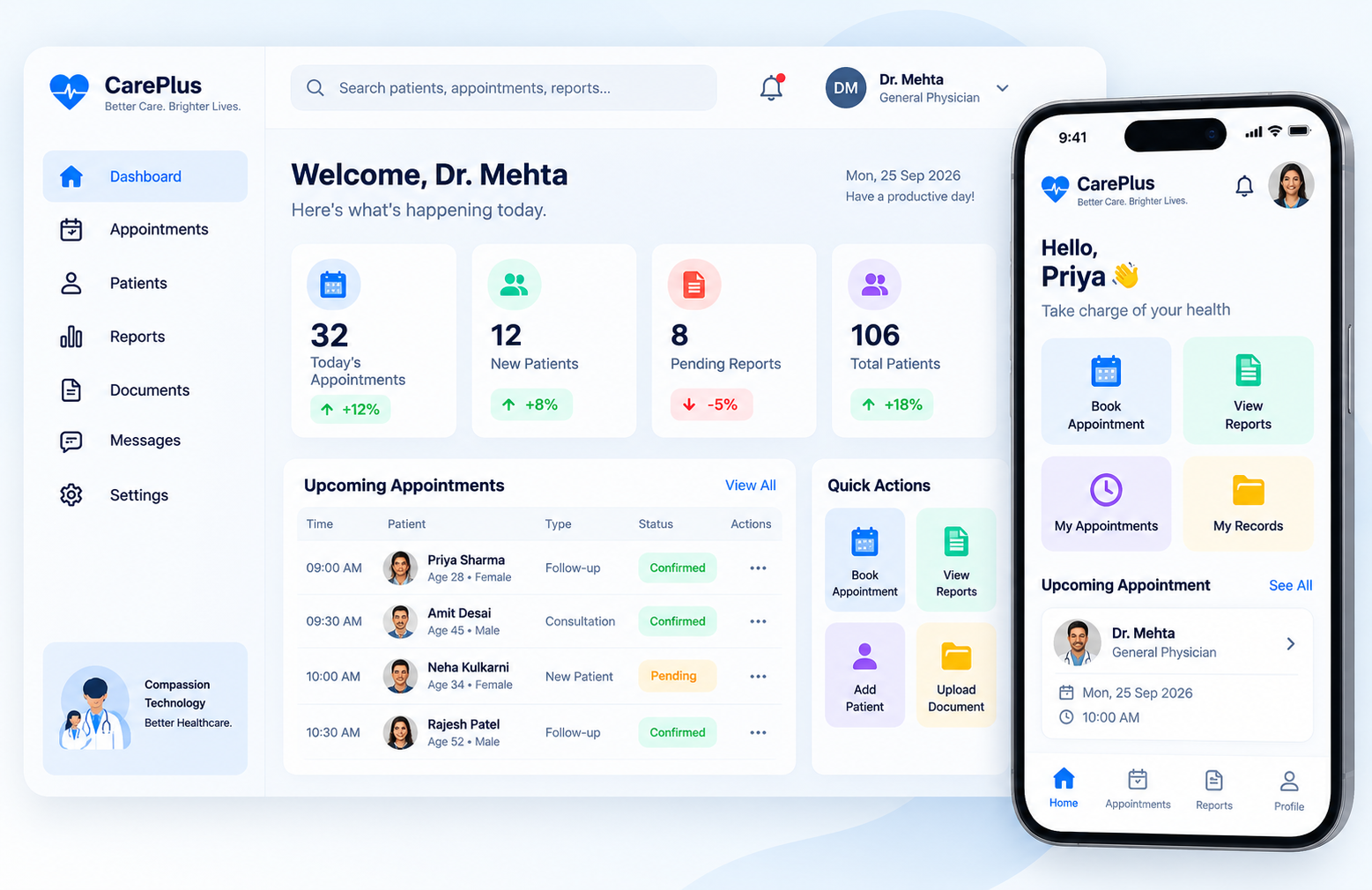 CarePlus healthcare dashboard and patient mobile app showing appointments and records