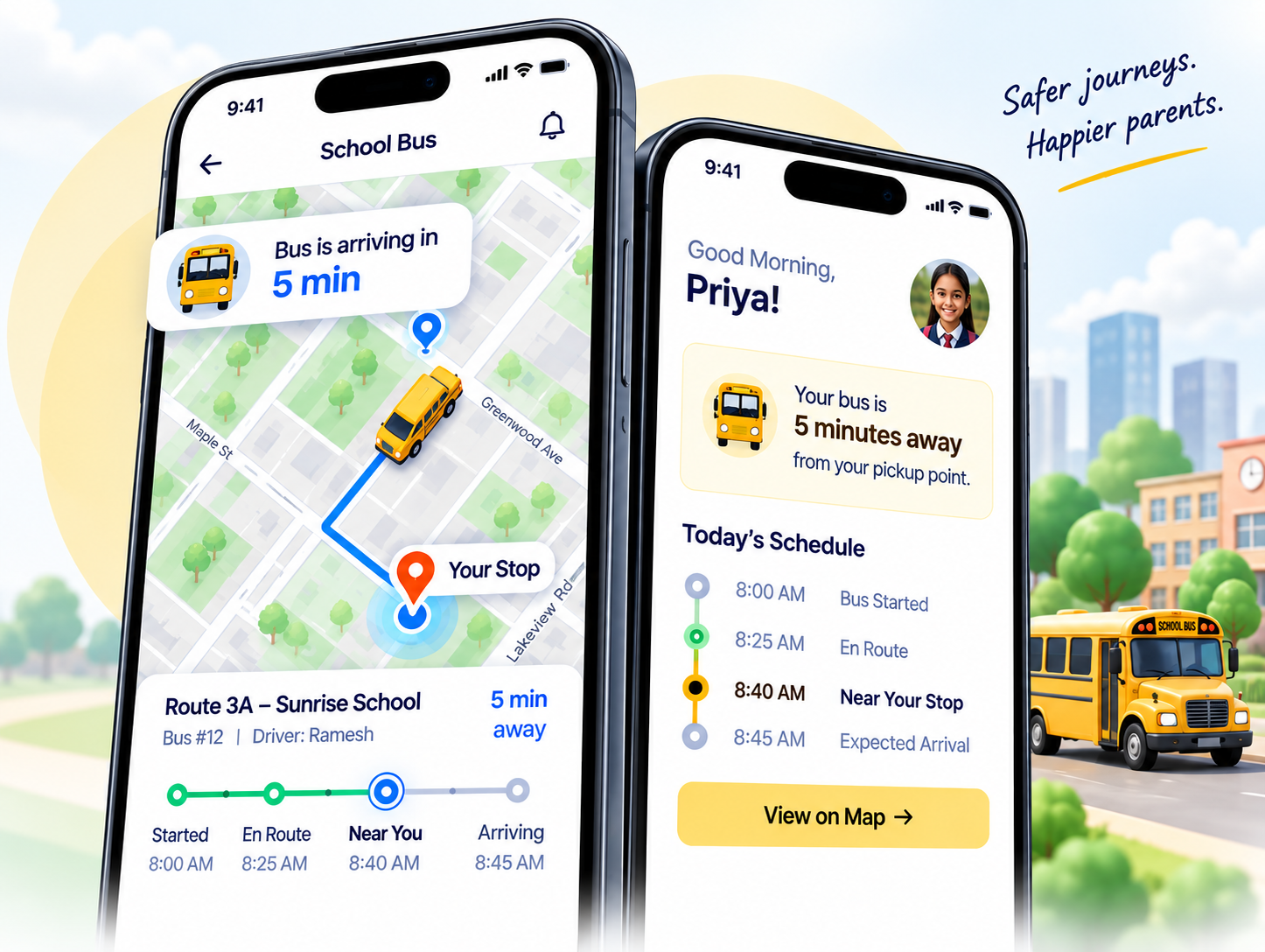 School bus tracking app map view and parent home screen with pickup schedule